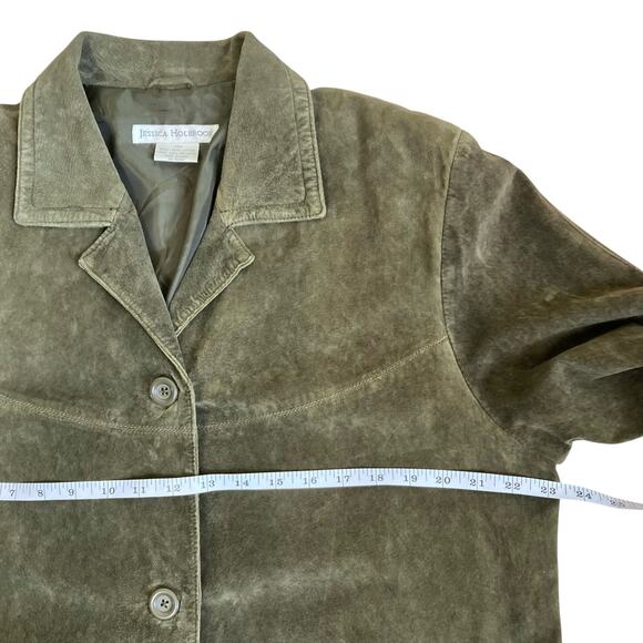 Jessica Holbrook Vintage Olive Green Thigh Length Suede Jacket Button Front - Picture 8 of 16